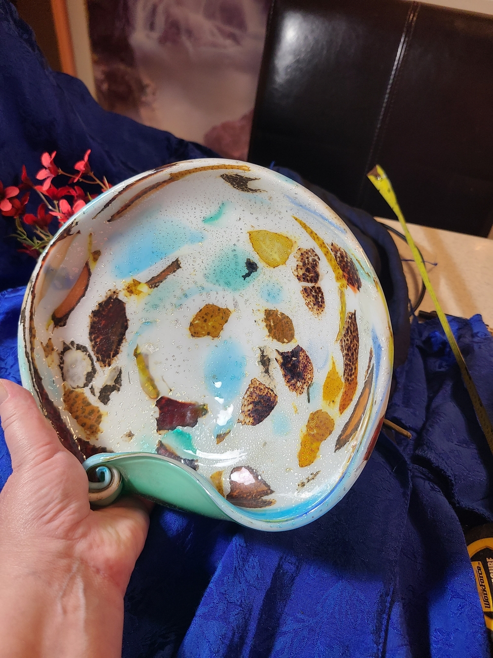 Antique Turquoise White Ceramic Decorative Bowl with Gold and Brown Accents - Picture 5 of 9